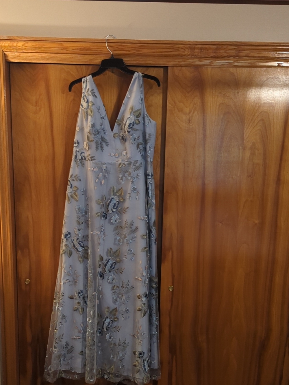 Jenny Yoo Pale Blue Floral Embroidered V-Neck Maxi Dress